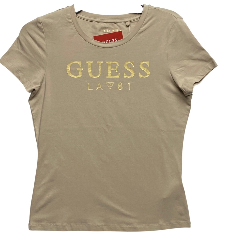 Guess Womens LA 81 Logo Graphic T-Shirt Tan Beige Gold Metallic Crew Neck MD NWT - Picture 3 of 6